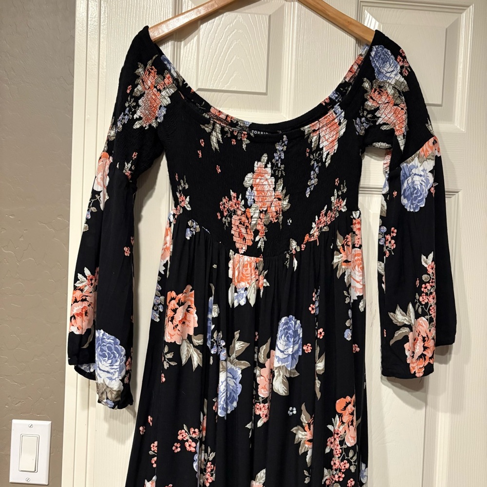 TORRID Black Floral Off-Shoulder Dress Size XL Blue Pink Maternity Smocked Boho